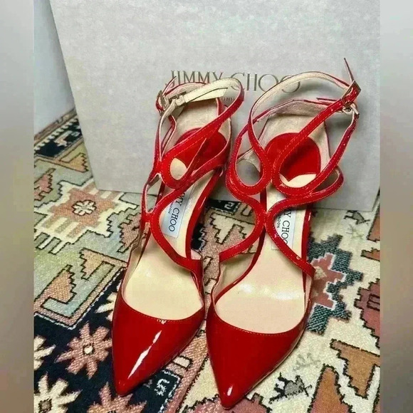 Jimmy Choo - Lancer Stiletto Red Patent Leather Pumps - 38 - Picture 3 of 10